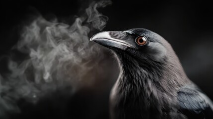 Captivating portrait of a crow, surrounded by ethereal mist against a dark, foreboding background, creating a mysterious and intense visual experience.