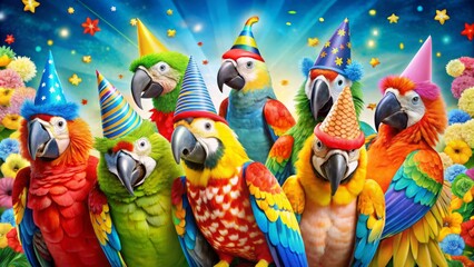 Naklejka premium A Vibrant Gathering of Parrots in Colorful Costumes Celebrating a Birthday Party with a Bright Background - Perfect for Invitations and Banners