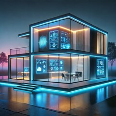 Obraz premium Futuristic smart home with glowing blue lights and digital displays.