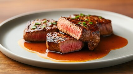 Juicy slices of medium-rare steak showcasing a perfect char and juicy pink middle, served on a rustic modern dish with a rich, flavorful sauce.