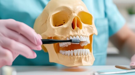 A dental professional in scrubs demonstrates oral hygiene on a skull with a toothbrush, emphasizing the importance of dental care and professional education.