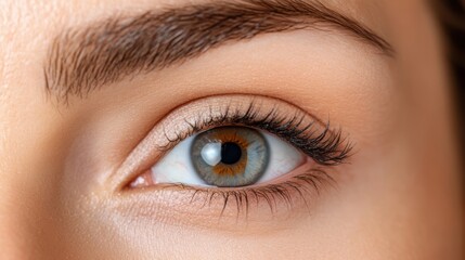 Obraz premium A striking close-up image of a woman's eye, highlighting the intricate detail of the iris, eyelashes, and eyebrow, showcasing natural beauty enhancements.