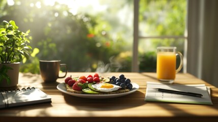 A cozy breakfast scene featuring eggs, fruit, and drinks in a sunlit setting.