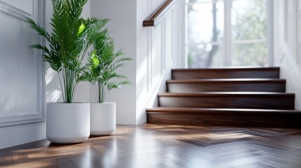 Fototapeta premium A sunlit stairway showcasing dark wood steps, complemented by two white ceramic planters housing lush green fern plants, creating a fresh and inviting atmosphere.