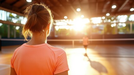 A vibrant scene where two tennis players are engaged in a match under indoor lighting as the sun shines through, capturing a moment of competitive spirit and athletic grace.