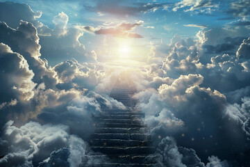 Fantastically beautiful staircase leading to cloudy sky at natural light