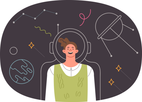 Teenage boy in fictional spacesuit dreams of flying into space and working on research mission to launch satellites at moon. Happy child wants become astronaut for space travel to different planets