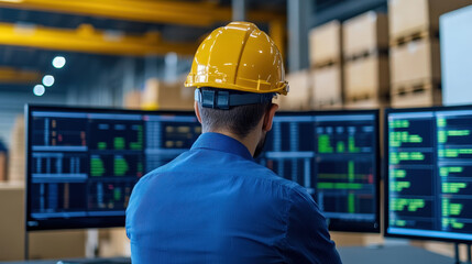 Futuristic Control Room for Logistics Operations Featuring Overhead Monitors and a Worker in a Safety Helmet Managing Supply Chain Data
