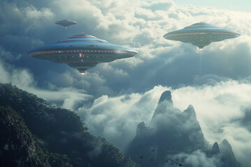Fototapeta premium Iron oval UFO saucer hovering over beautiful landscape in dramatic sky