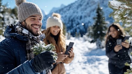 Obraz premium Three friends are enjoying the snowy outdoors, capturing moments on smartphones, wearing winter clothing, highlighting joy and companionship amidst a winter wonderland.