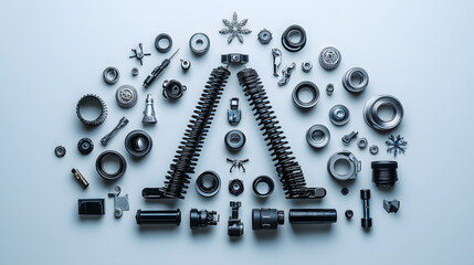 Assorted car parts creatively arranged to resemble a Christmas tree