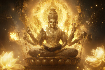 Brahma has four faces and eight arms and holds sacred objects such as books