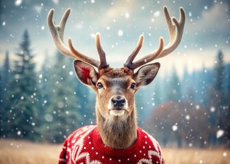Adorable Reindeer in Festive Red Sweater with Snowflakes, Perfect for Holiday Cheer and Christmas Spirit in a Snowy Landscape