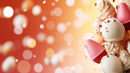 A delightful arrangement of colorful ice cream scoops with creamy swirls and sprinkles captured in summer sunlight evokes joy and indulgence. An exquisite sweet treat image.