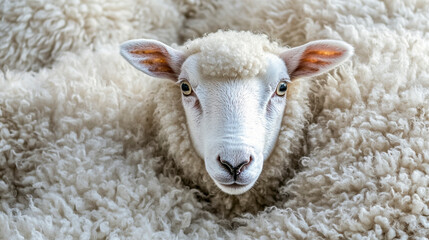 Close-Up of Sheep Face Surrounded by Fluffy Wool Texture