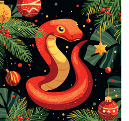 Christmas card with a snake, winter snake, red snake, winter, symbol of the new year 2025, Christmas tree, Christmas decorations, digital illustration