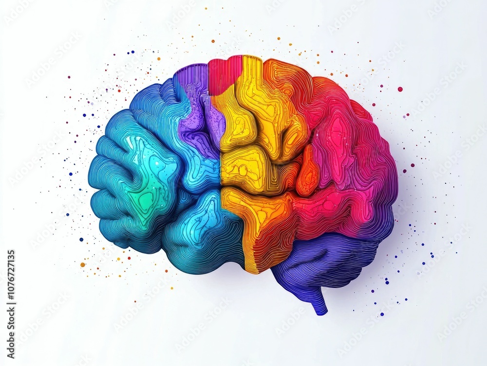 Poster vibrant depicting a human brain with distinct sections highlighted in various colors symbolizing the
