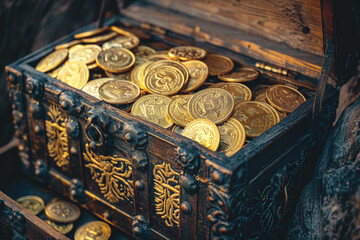 Fantastic treasure from pirate wooden chest with antique gold coins