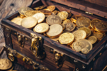 Fantastic treasure from pirate wooden chest with antique gold coins