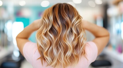 Fototapeta premium A person with wavy blonde hair from the back in a modern salon setting. The lighting creates a warm ambiance, highlighting the shades and curls of the hairstyle.