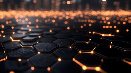 Fototapeta premium Abstract hexagonal pattern with glowing elements on a dark surface.