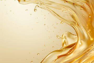 Fototapeta premium A high-resolution close-up of cosmetic serum with transparent oil droplets flowing over an abstract golden female form. Perfect for luxury skincare branding, product marketing, and beauty ads.