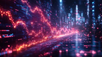 Abstract digital landscape with glowing data visualizations.