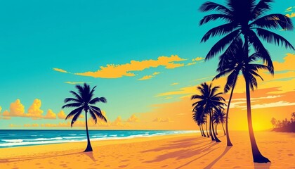 Fototapeta premium Silhouettes of palm trees stand tall against a vibrant sunset sky on a tropical beach.