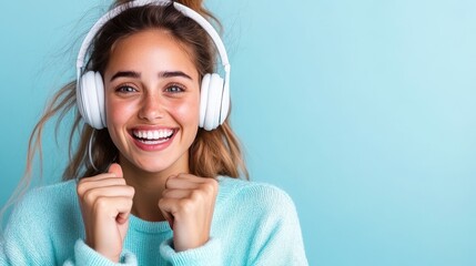 Naklejka premium A laughing woman wearing big white headphones and a comfortable blue sweater, full of joy, against a light blue background, evoking feelings of happiness and contentment.