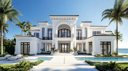Fototapeta premium Florida Keys oceanfront villa with private marina and tropical gardens, modern Mediterranean estate with sunset views