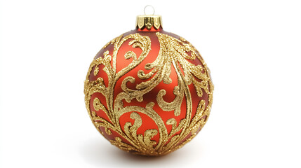 Red Christmas ornament featuring intricate golden glitter swirl patterns