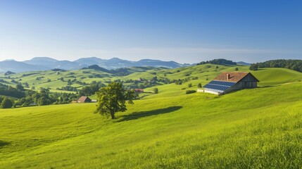 Obraz premium Sunlit solar panels shine among hills and a farmhouse, highlighting eco-friendly energy solutions
