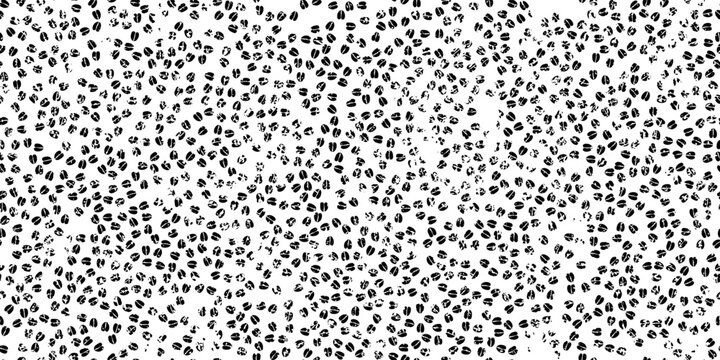 Abstract grunge seamless patern with deer hoof footprints. Black and white bg with animal feet steps trace. Cow paw irregular vector ornament
