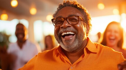 Obraz premium A man with a beard, wearing an orange shirt, laughs heartily outdoors during sunset, surrounded by blurred figures, expressing pure joy and spontaneity.