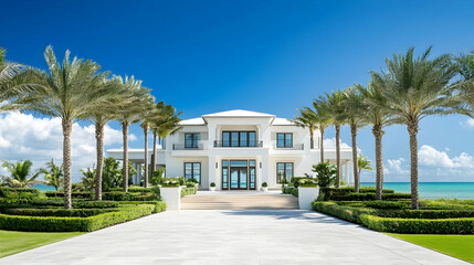 Florida Keys oceanfront villa with private marina and tropical gardens, modern Mediterranean estate with sunset views