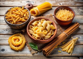 Artistic Arrangement of Various Uncooked Pasta Types in a Wooden Bowl Isolated on White Background for Culinary and Food Photography