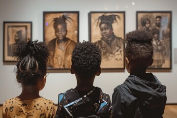 Three black children in the museum look at pictures of Black people from history in natural light.