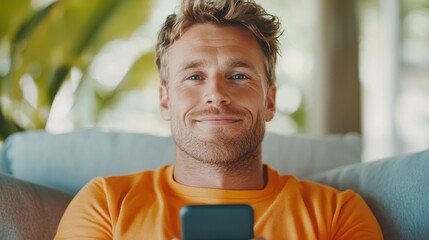 A man in an orange shirt gazes confidently at the camera with a subtle smile, holding his smartphone, capturing a moment of modern ease and serenity indoors.