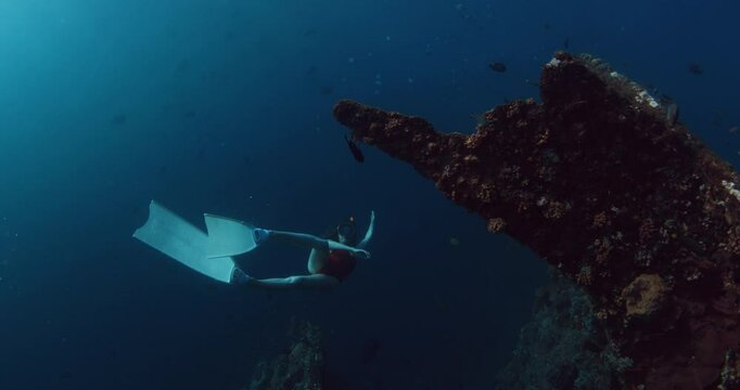 Woman freediving on deep in tropical ocean near wreckship in Tulamben, Bali