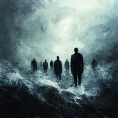 Obraz premium Mysterious Silhouettes Walking Through Foggy Ocean Waves in Surreal Dreamlike Landscape