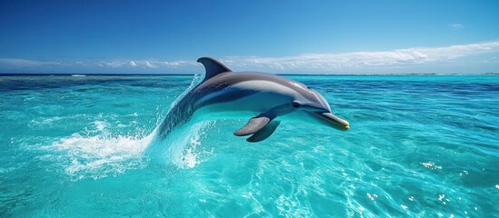 A grey and white dolphin leaps out of the turquoise water, splashing and creating a small wave.