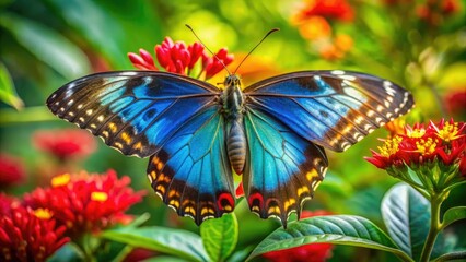 Fototapeta premium Stunning Blue and Red Butterfly in Nature â€“ Vibrant Colors and Documentary Photography