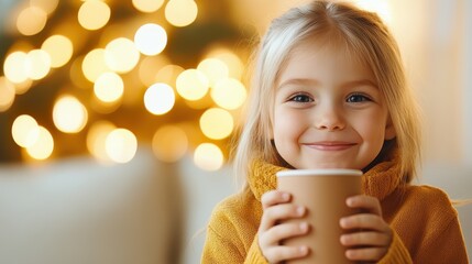 A cheerful young girl in a cozy sweater enjoys a warm drink, her smiling face illuminated by holiday lights, capturing the essence of warmth and joy.