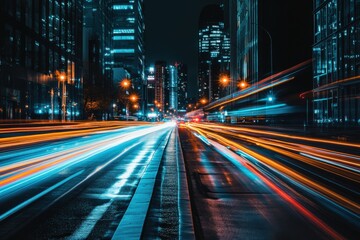 Obraz premium City Street with Blurry Lights and Skyscrapers at Night