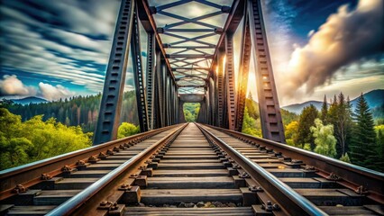 Stunning Double Exposure of Railway Track on Steel Bridge with Selective Focus for Transport and Nature Photography