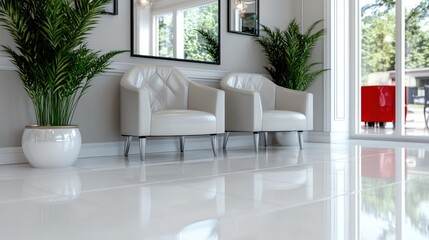 Fototapeta premium A modern lobby featuring two white armchairs with elegant design and potted plants, reflecting a welcoming and sophisticated environment with natural elements.