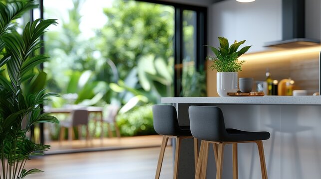 A sunny kitchen interior showcasing an island with bar stools, potted plants, and a large window overlooking a vibrant outdoor garden setting.