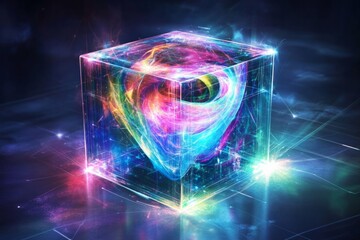 a 3D cube that represents artificial intelligence, Inside the cube, place a swirling, multicolored shape 