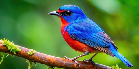 Fototapeta premium Stunning Drone Photography of a Blue Bird with a Red Beak Posing Gracefully on a Branch in a Lush Green Environment