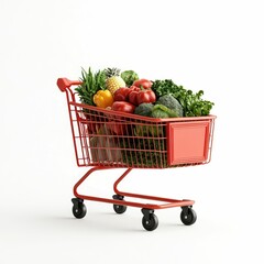 Minimalist and clean lined shopping cart filled with an assortment of fresh grocery items fruits and vegetables against a plain white background